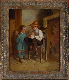 19th Century Gilt-Framed Oil Painting of Young Girl and Boy with Tin Whistle