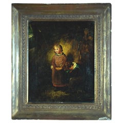 19th Century Oil Painting on Canvas of Young Girl and Boy in Gilt Frame