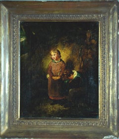 19th Century Oil Painting on Canvas of Young Girl and Boy in Gilt Frame