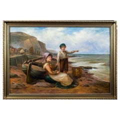 19th Century George Turner Oil Painting, Waiting for Papa, A Seaside Idyll