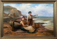19th Century George Turner Oil Painting, Waiting for Papa, A Seaside Idyll