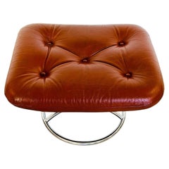 Vintage Norwegian Ekornes Stressless Cognac Leather & Chrome Swivel Footstool