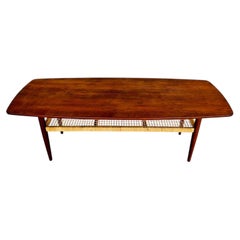 Vintage Danish Mid-Century Teak Coffee Table with Woven Rattan Magazine Shelf