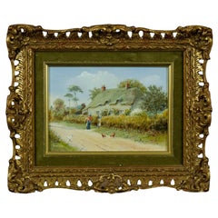 Cuadro antiguo al óleo con marco dorado de una casita de pueblo inglesa, de Richard Simm