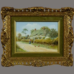 Cuadro antiguo al óleo con marco dorado de una casita de pueblo inglesa, de Richard Simm