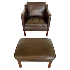 Vintage Danish Stouby Brown Leather Lounge Chair & Matching Footstool, 1970s