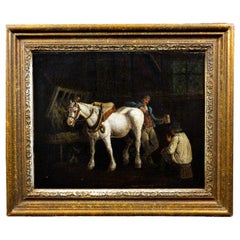 Antique English School Oil Painting of a Stable Interior 19th Century