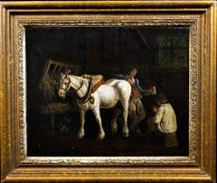 Antique English School Oil Painting of a Stable Interior 19th Century