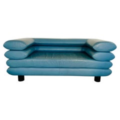 Vintage Swedish Postmodern Turquoise Leather Stacked Sofa, circa 1980