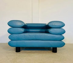 Vintage Swedish Postmodern Turquoise Leather Stacked Lounge Chair, circa 1980