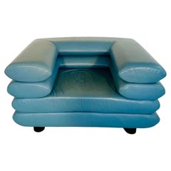 Vintage Swedish Postmodern Turquoise Leather Stacked Lounge Chair, circa 1980