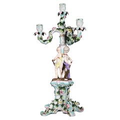 Mid 19th Century Sitzendorf Porcelain Figural Candelabra with Cricket Players