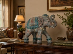 Vintage Indian Carved Polychrome Wooden Elephant Sculpture