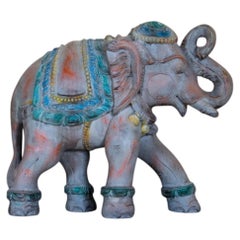 Vintage Indian Carved Polychrome Wooden Elephant Sculpture