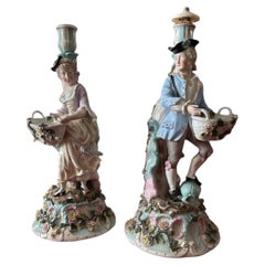 Pair Antique Sitzendorf Rococo Porcelain Figural Candlesticks, circa 1900