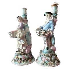 Pair Antique Sitzendorf Rococo Porcelain Figural Candlesticks, circa 1900