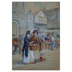 W. Duncan Edwardian Flower Market Street Scene Watercolour, 1905
