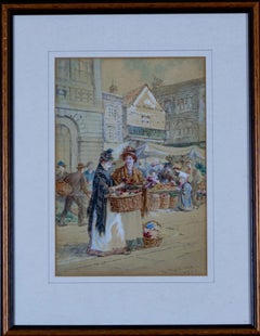 W. Duncan Edwardian Flower Market Street Scene Watercolour, 1905