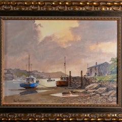 Don Micklethwaite British Coastal Harbour Scene, Signed Oil on Canvas Painting
