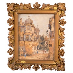 Vintage European Street Scene Architectural Print in Ornate Gilt Frame