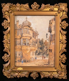 Vintage European Street Scene Architectural Print in Ornate Gilt Frame