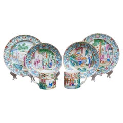 Chinese Qing Famille Rose Canton Tea Cups, Saucers & Plates, Early 19th C.