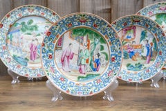 Chinese Qing Famille Rose Canton Tea Cups, Saucers & Plates, Early 19th C.