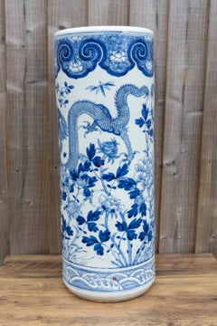 Large Chinese Qing Blue & White Twin Dragon Porcelain Vase, 19th Century