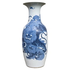 Large Antique Chinese Qing Blue & White Foo Dog Porcelain Vase, 19th Century