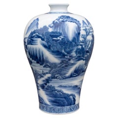 Chinese Blue and White Kangxi-Style Meiping Porcelain Vase, 20th Century