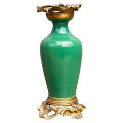 Antique Chinese Qing Green Crackle Glaze Porcelain & Ormolu Vase, 19th Century