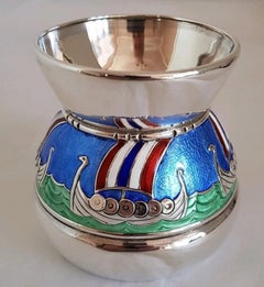 Norwegian Silver Vase with Viking Longships, Early 20th Century