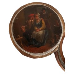 Antique Early 19th Century Miniature Oil Painting, Circular Tavern Scene