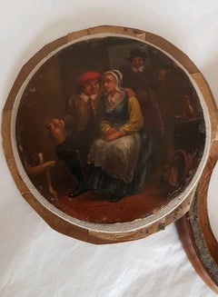 Antique Early 19th Century Miniature Oil Painting, Circular Tavern Scene