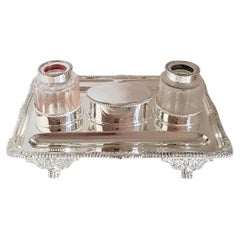 Antique Carrington & Co Victorian Sterling Silver Inkwell Stand, London 1898