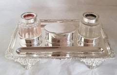 Antique Carrington & Co Victorian Sterling Silver Inkwell Stand, London 1898