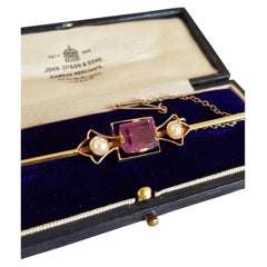 Antique George V 18ct Gold Art Deco Amethyst & Seed Pearl Bar Brooch ca. 1920