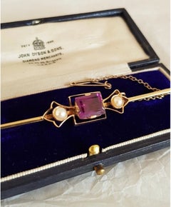 Antique George V 18ct Gold Art Deco Amethyst & Seed Pearl Bar Brooch ca. 1920