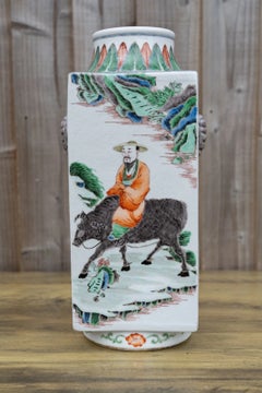 Antique Chinese Famille Verte Wucai Square Cong-Form Porcelain Vase
