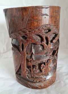 Antique Chinese Cantonese Hand-Carved Bamboo Brush Pot, circa 1890
