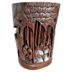 Antique Chinese Cantonese Hand-Carved Bamboo Brush Pot, circa 1890