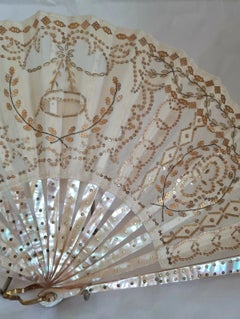 Antique European Embroidered Floral Fan with Sea Snail Shell Sticks, c.1890