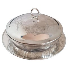Antique Chinese Silver Export Hand-Engraved Cut Glass Preserve Jar & Cover