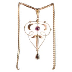 Antique Art Nouveau Gold Amethyst & Garnet Pendant Necklace, ca. 1900