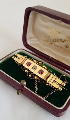 Antique Victorian Etruscan Revival 15ct Gold Ruby & Old Mine Diamond Bar Brooch