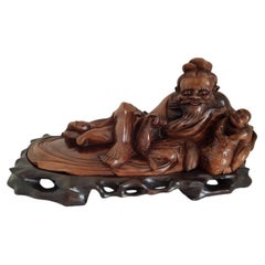 Antique Chinese Hand-Carved Hardwood Elder & Child Sculpture, c. 1880–1890