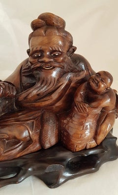Antique Chinese Hand-Carved Hardwood Elder & Child Sculpture, c. 1880–1890