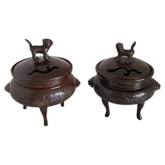 Pair of Japanese Meiji Bronze Tripod Koro Incense Burners with Foo Dog Finials