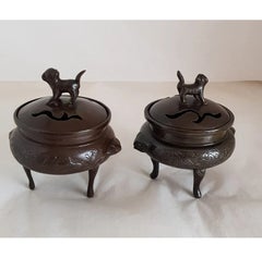 Pair of Japanese Meiji Bronze Tripod Koro Incense Burners with Foo Dog Finials