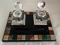 Antique Victorian Ashford Black Marble Pietra Dura Twin Inkwell Stand, c. 1865